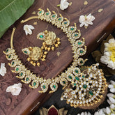 Vriksham Dual Peacock Maanga Style Kundan Jadau Short Neckpiece-White Green-Gold Bead-J3358